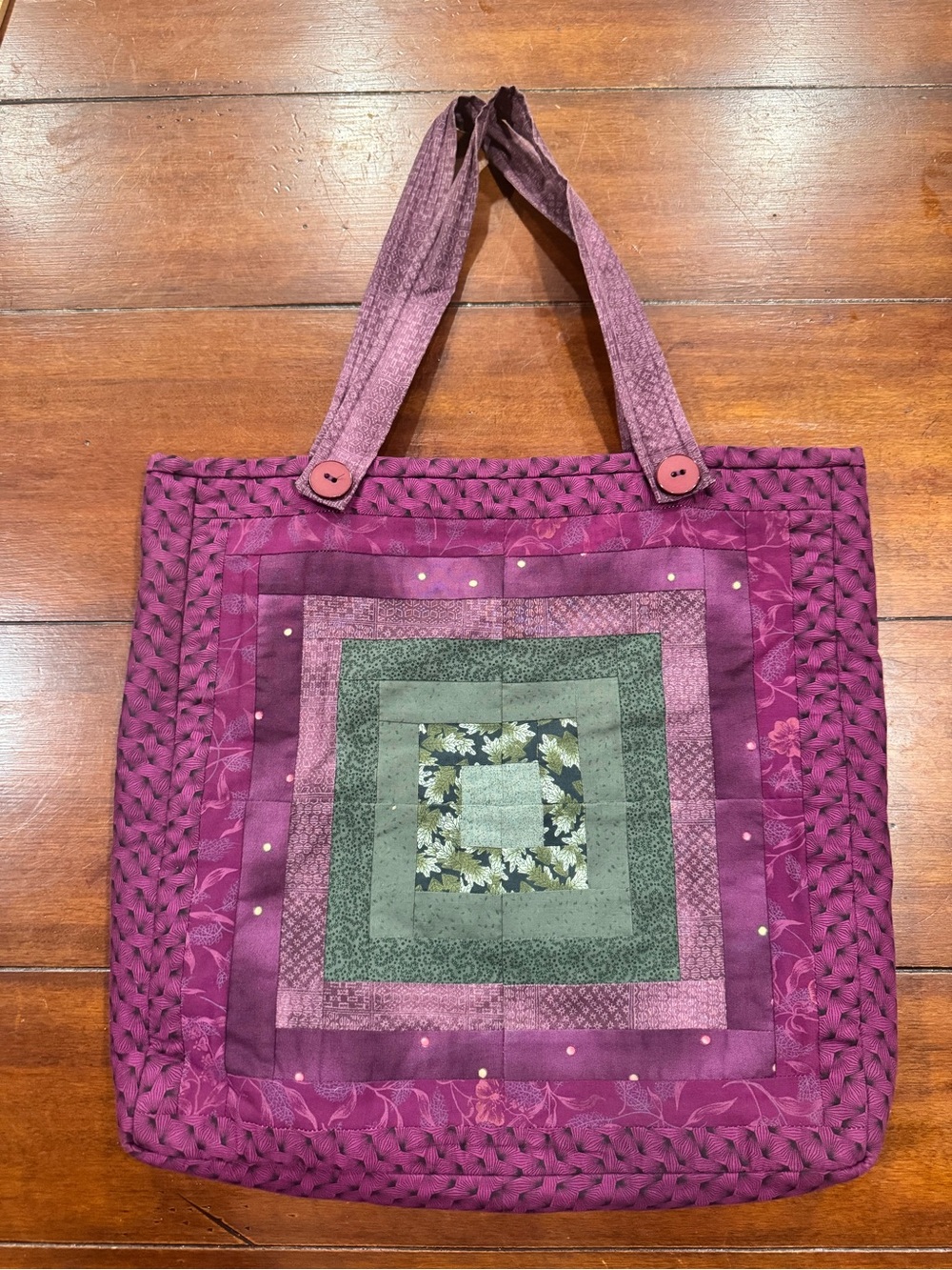 Hand Quilted Reversible Tote Bag 16x14 Patchwork Purple Green Acorn Handmade